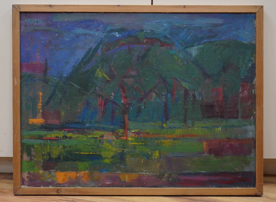 Donald G. Womack, oil on canvas, Abstract oil on canvas, ‘Landscape, Hyde Park’, 'Young Contemporaries' inscribed label verso, 45 x 60cm. Condition - fair